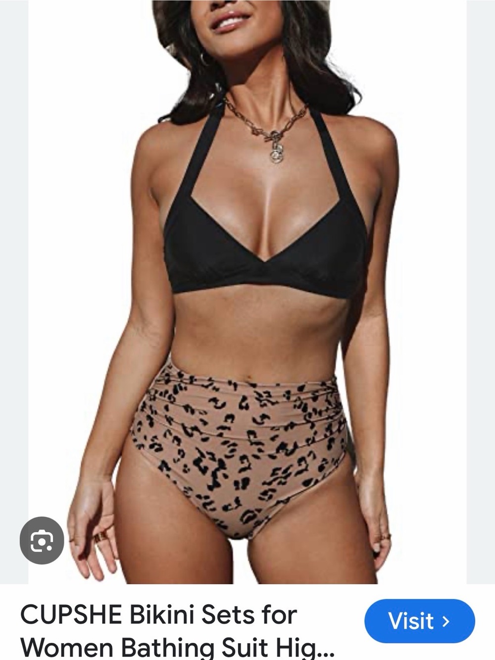 Cupshe Black Halter Top with Tan Leopard High-Waist Bikini Bottom